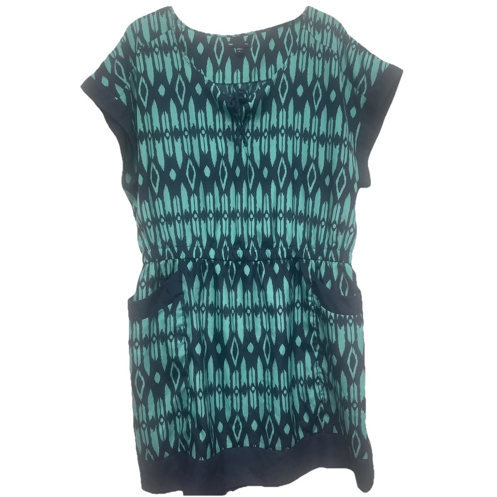 Gap Dress XL Ikat Print Cap Sleeve Pockets Summer Casual Navy Turquoise
